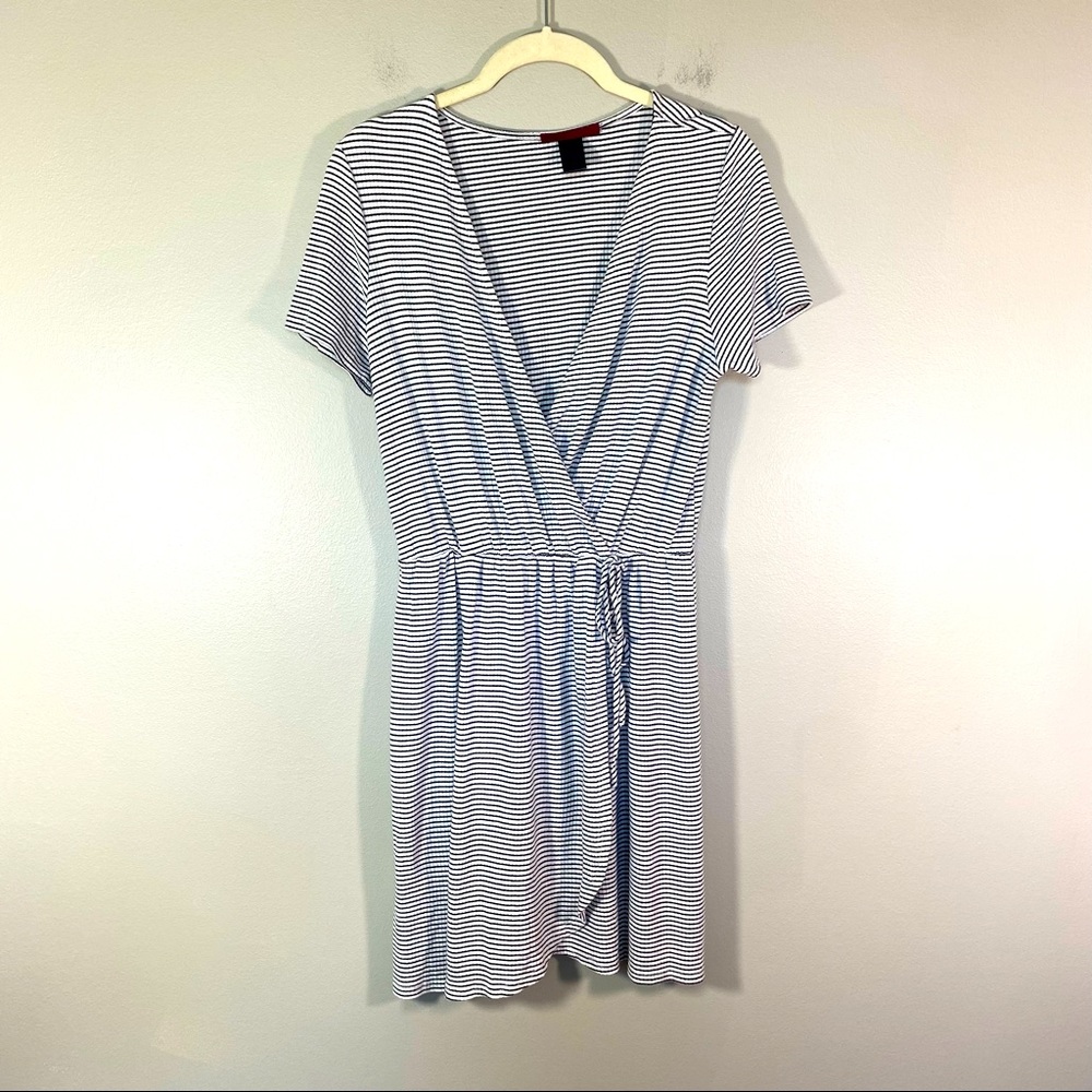 BKE Red | Black & White Striped Faux Wrap Midi Dress